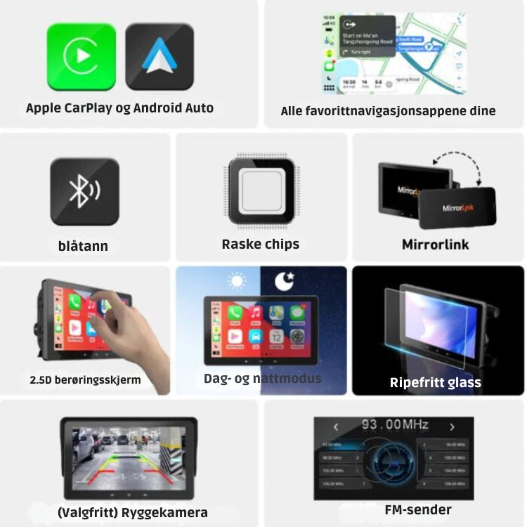 SmartDrive Bilskjerm – Trådløs Apple CarPlay & Android Auto | Enkel Installasjon, Ryggekamera, Bluetooth & GPS
