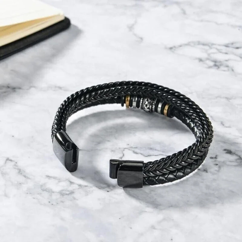 Til Min Sønn Armbånd – Klassisk Flettet Lærarmbånd med Gravert Budskap, Magnetlås i Rustfritt Stål – Perfekt Gave til Menn