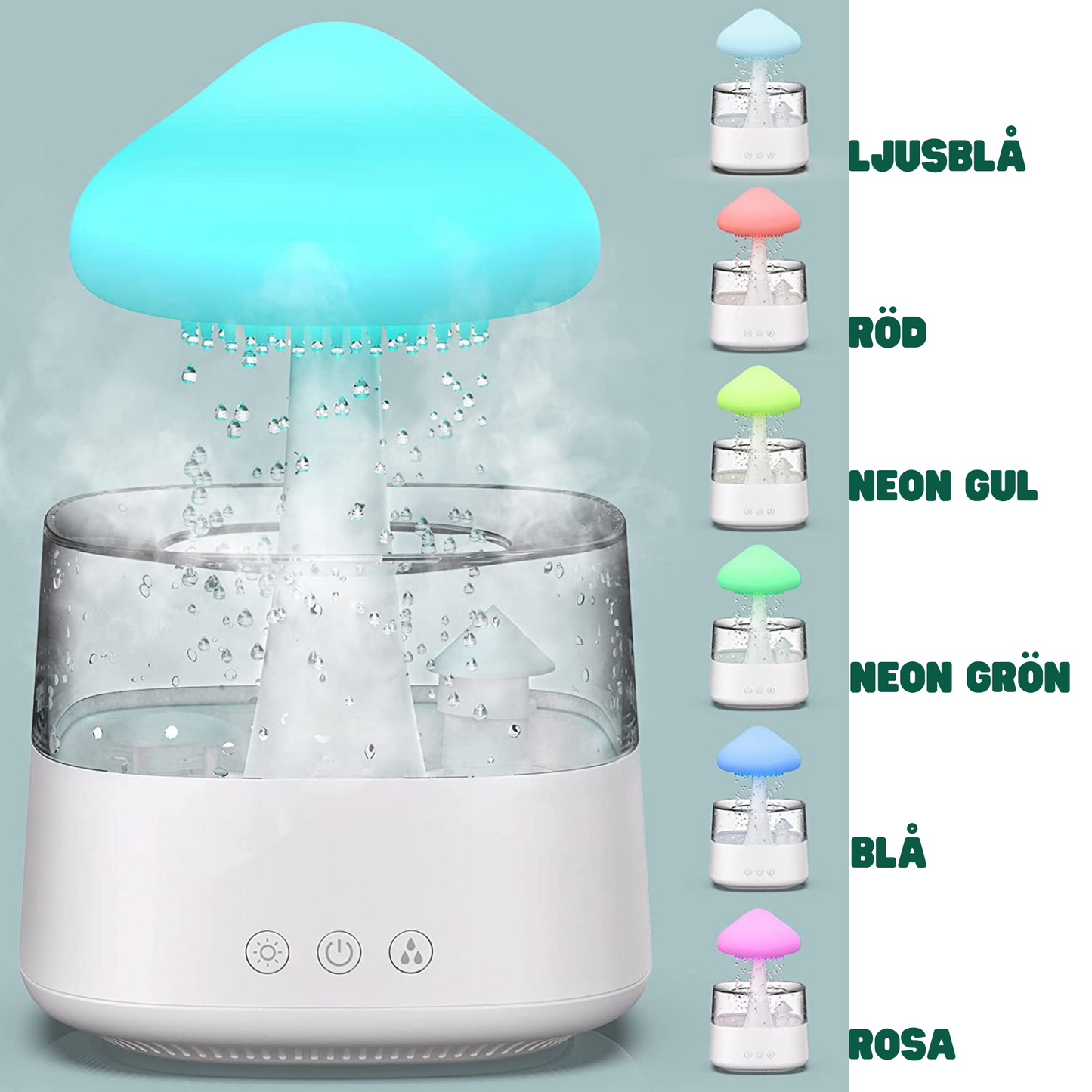 Smart Luftfukter med Aromaterapi, Nattlys & Regnlyder – Justerbar Farge, Ultralydteknologi