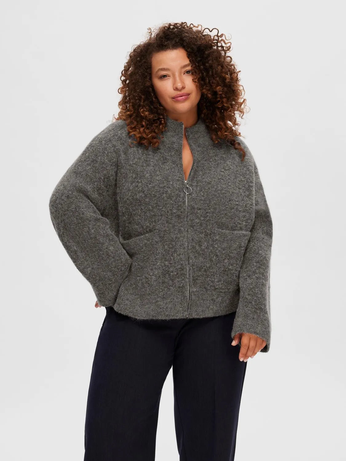 Sia Ras LS Knit Zipper Cardigan - Medium Grey Melange