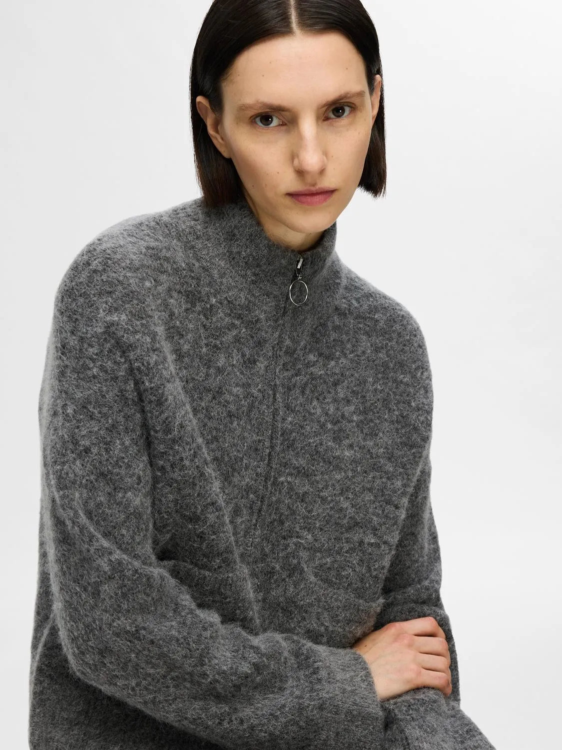 Sia Ras LS Knit Zipper Cardigan - Medium Grey Melange