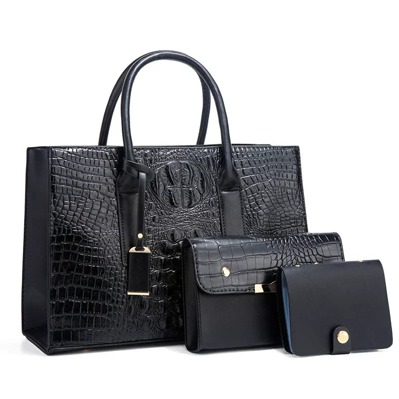 Sabina™ - Elegant håndveskesett med krokodilleskinnmønster, lommebok og clutch