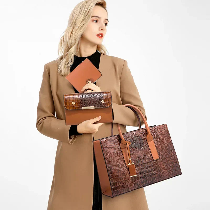Sabina™ - Elegant håndveskesett med krokodilleskinnmønster, lommebok og clutch