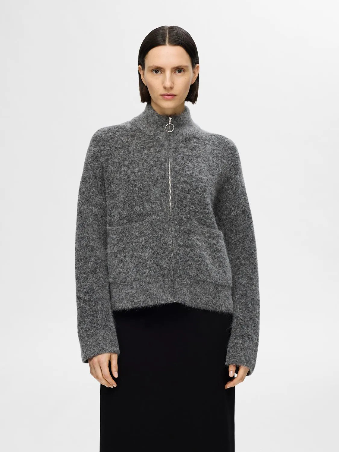 Sia Ras LS Knit Zipper Cardigan - Medium Grey Melange